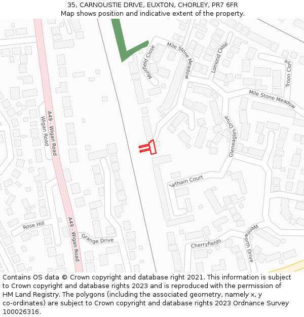 35, CARNOUSTIE DRIVE, EUXTON, CHORLEY, PR7 6FR: Location map and indicative extent of plot