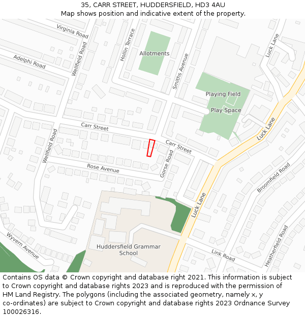 35, CARR STREET, HUDDERSFIELD, HD3 4AU: Location map and indicative extent of plot