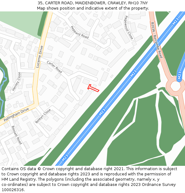 35, CARTER ROAD, MAIDENBOWER, CRAWLEY, RH10 7NY: Location map and indicative extent of plot