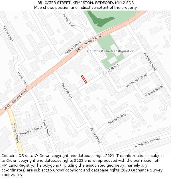 35, CATER STREET, KEMPSTON, BEDFORD, MK42 8DR: Location map and indicative extent of plot
