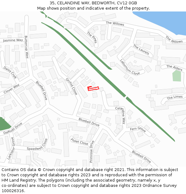 35, CELANDINE WAY, BEDWORTH, CV12 0GB: Location map and indicative extent of plot
