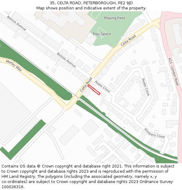 35, CELTA ROAD, PETERBOROUGH, PE2 9JD: Location map and indicative extent of plot