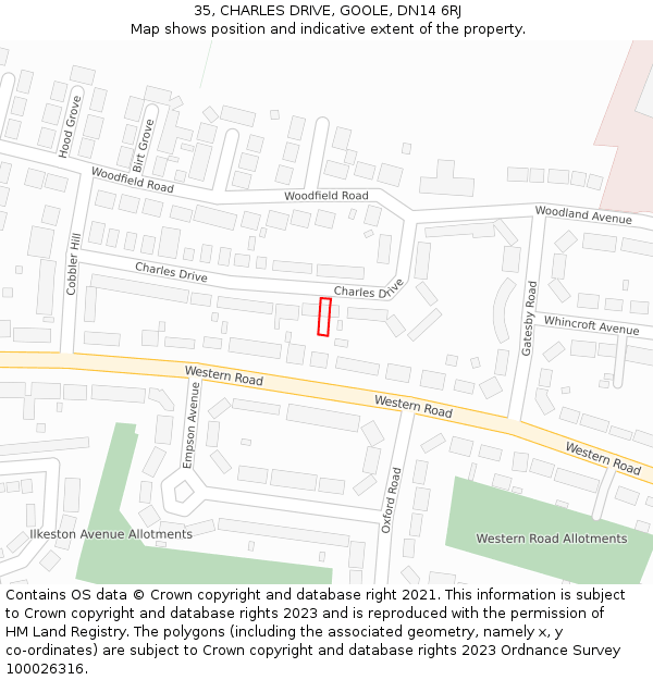 35, CHARLES DRIVE, GOOLE, DN14 6RJ: Location map and indicative extent of plot