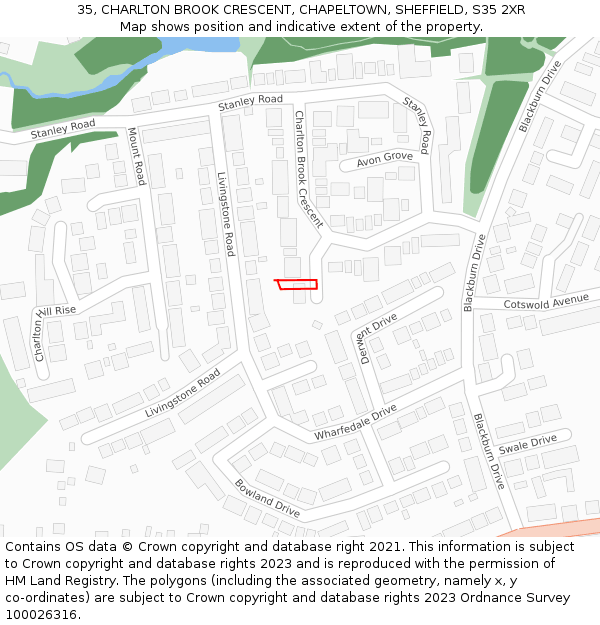35, CHARLTON BROOK CRESCENT, CHAPELTOWN, SHEFFIELD, S35 2XR: Location map and indicative extent of plot