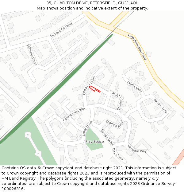 35, CHARLTON DRIVE, PETERSFIELD, GU31 4QL: Location map and indicative extent of plot