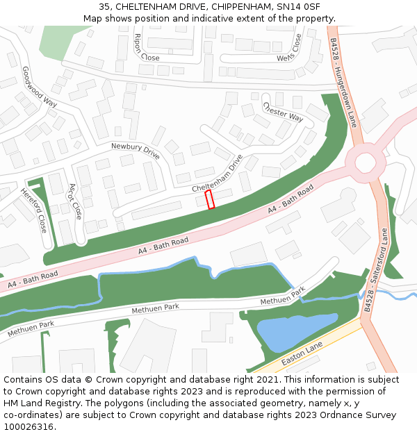 35, CHELTENHAM DRIVE, CHIPPENHAM, SN14 0SF: Location map and indicative extent of plot