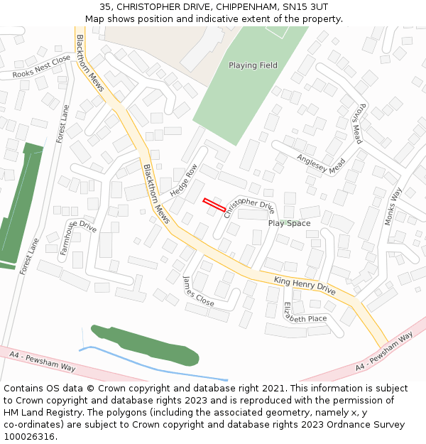 35, CHRISTOPHER DRIVE, CHIPPENHAM, SN15 3UT: Location map and indicative extent of plot