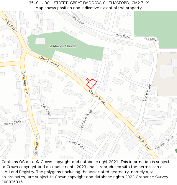 35, CHURCH STREET, GREAT BADDOW, CHELMSFORD, CM2 7HX: Location map and indicative extent of plot