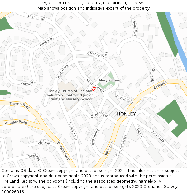 35, CHURCH STREET, HONLEY, HOLMFIRTH, HD9 6AH: Location map and indicative extent of plot
