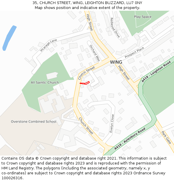 35, CHURCH STREET, WING, LEIGHTON BUZZARD, LU7 0NY: Location map and indicative extent of plot