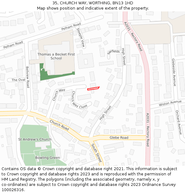 35, CHURCH WAY, WORTHING, BN13 1HD: Location map and indicative extent of plot