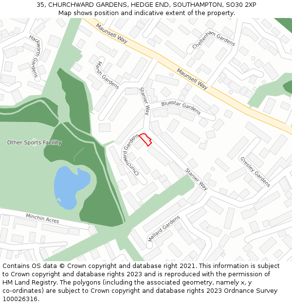 35, CHURCHWARD GARDENS, HEDGE END, SOUTHAMPTON, SO30 2XP: Location map and indicative extent of plot