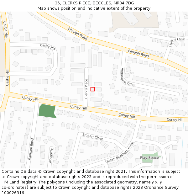35, CLERKS PIECE, BECCLES, NR34 7BG: Location map and indicative extent of plot