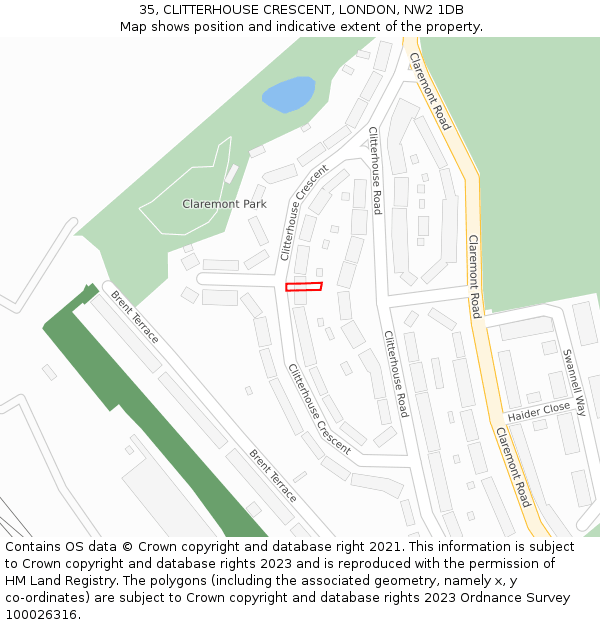 35, CLITTERHOUSE CRESCENT, LONDON, NW2 1DB: Location map and indicative extent of plot
