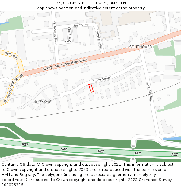 35, CLUNY STREET, LEWES, BN7 1LN: Location map and indicative extent of plot