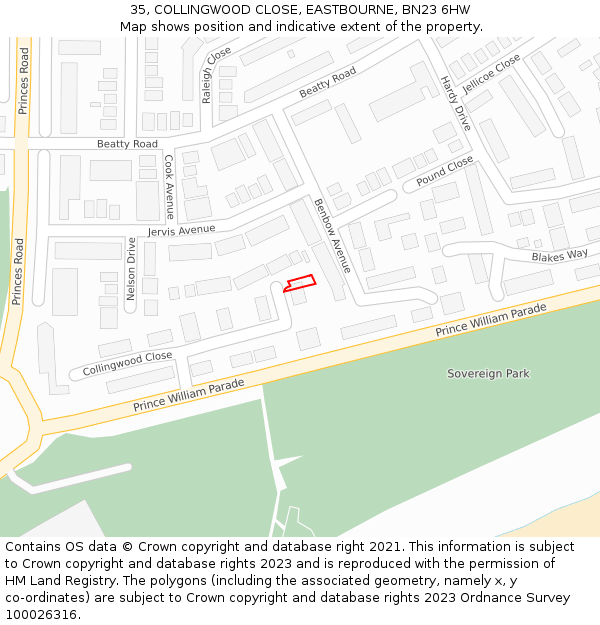 35, COLLINGWOOD CLOSE, EASTBOURNE, BN23 6HW: Location map and indicative extent of plot
