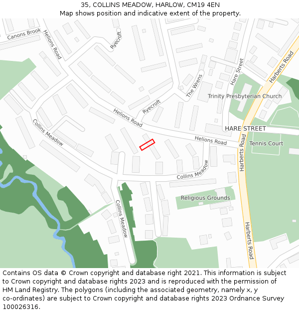 35, COLLINS MEADOW, HARLOW, CM19 4EN: Location map and indicative extent of plot