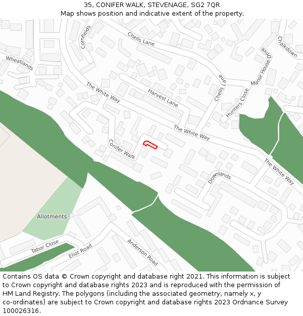 35, CONIFER WALK, STEVENAGE, SG2 7QR: Location map and indicative extent of plot