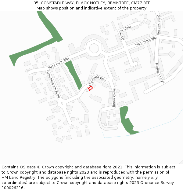 35, CONSTABLE WAY, BLACK NOTLEY, BRAINTREE, CM77 8FE: Location map and indicative extent of plot