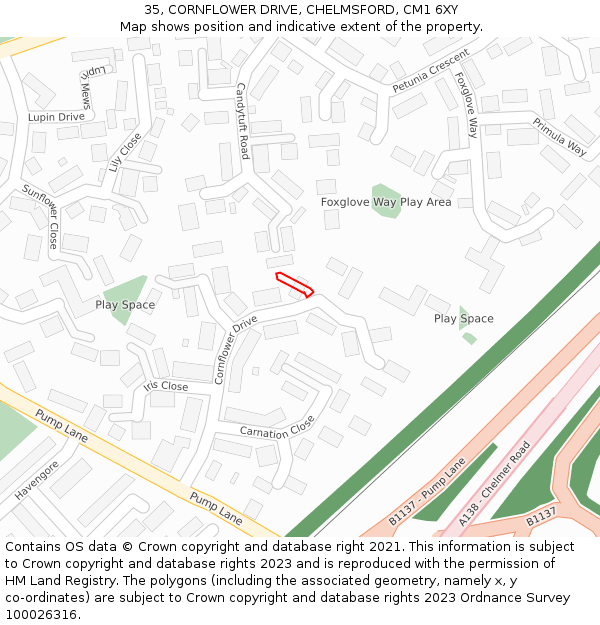 35, CORNFLOWER DRIVE, CHELMSFORD, CM1 6XY: Location map and indicative extent of plot