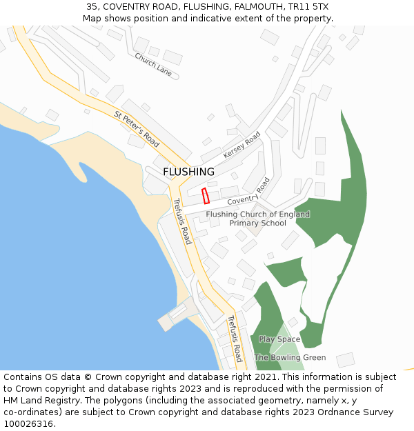 35, COVENTRY ROAD, FLUSHING, FALMOUTH, TR11 5TX: Location map and indicative extent of plot