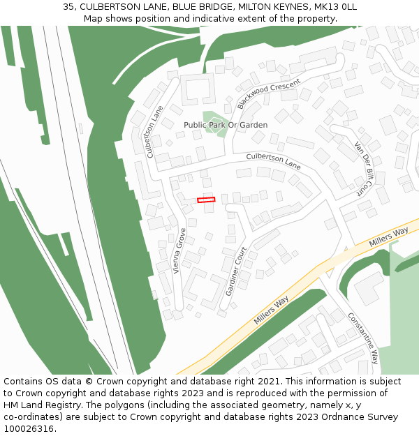 35, CULBERTSON LANE, BLUE BRIDGE, MILTON KEYNES, MK13 0LL: Location map and indicative extent of plot