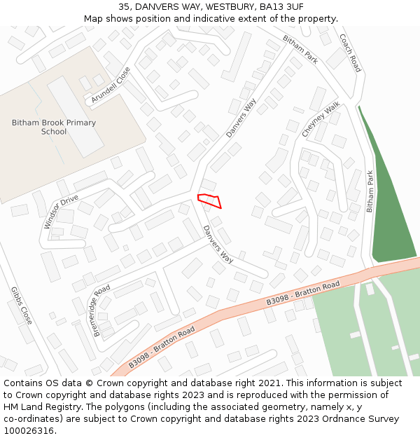 35, DANVERS WAY, WESTBURY, BA13 3UF: Location map and indicative extent of plot