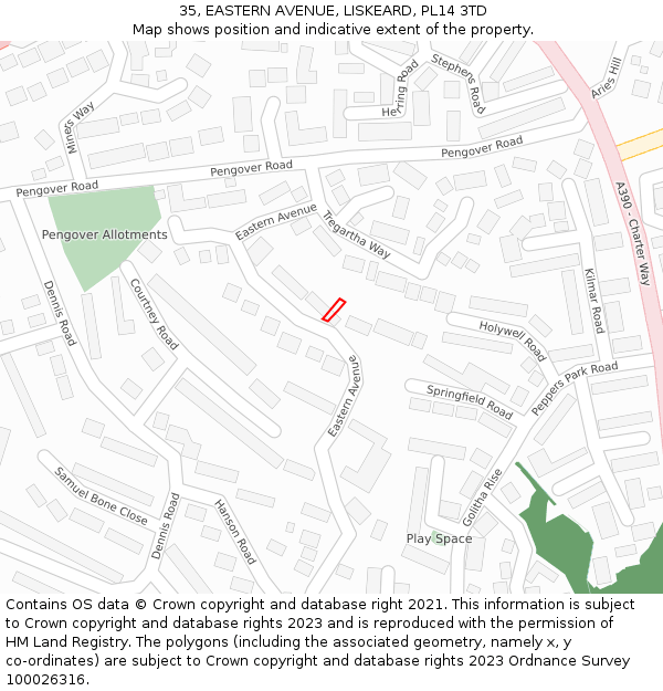 35, EASTERN AVENUE, LISKEARD, PL14 3TD: Location map and indicative extent of plot