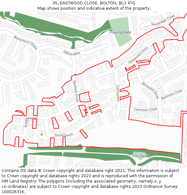 35, EASTWOOD CLOSE, BOLTON, BL3 4TG: Location map and indicative extent of plot