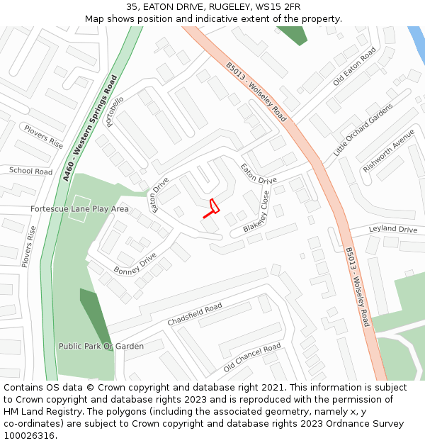 35, EATON DRIVE, RUGELEY, WS15 2FR: Location map and indicative extent of plot