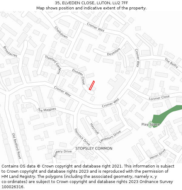 35, ELVEDEN CLOSE, LUTON, LU2 7FF: Location map and indicative extent of plot