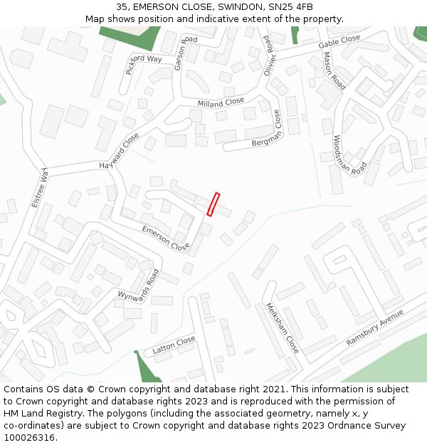 35, EMERSON CLOSE, SWINDON, SN25 4FB: Location map and indicative extent of plot