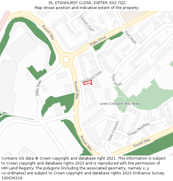 35, ETONHURST CLOSE, EXETER, EX2 7QZ: Location map and indicative extent of plot