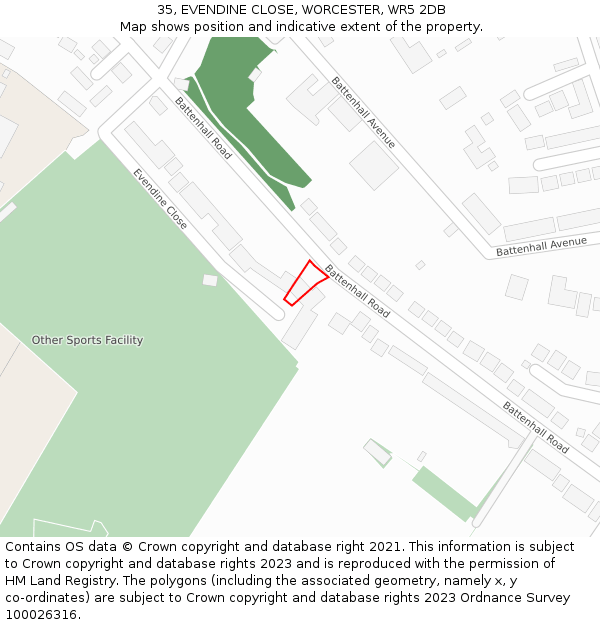 35, EVENDINE CLOSE, WORCESTER, WR5 2DB: Location map and indicative extent of plot