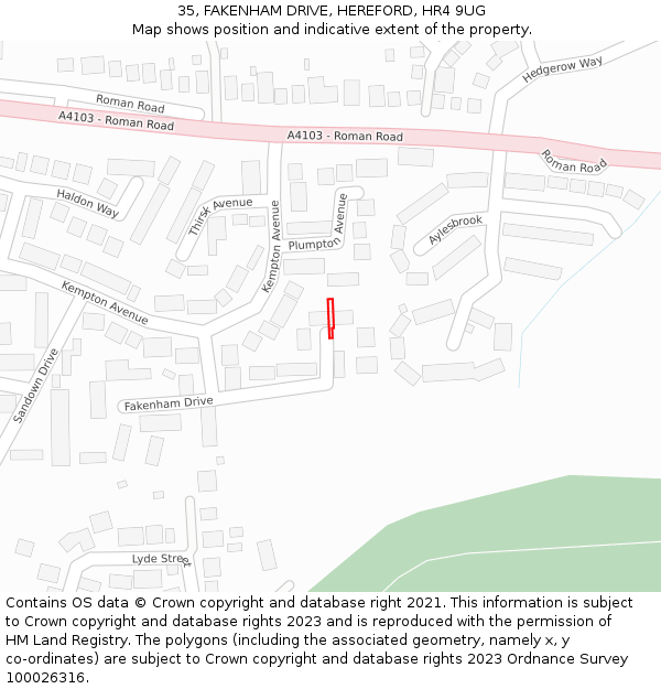 35, FAKENHAM DRIVE, HEREFORD, HR4 9UG: Location map and indicative extent of plot