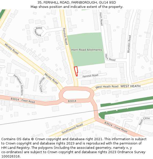 35, FERNHILL ROAD, FARNBOROUGH, GU14 9SD: Location map and indicative extent of plot