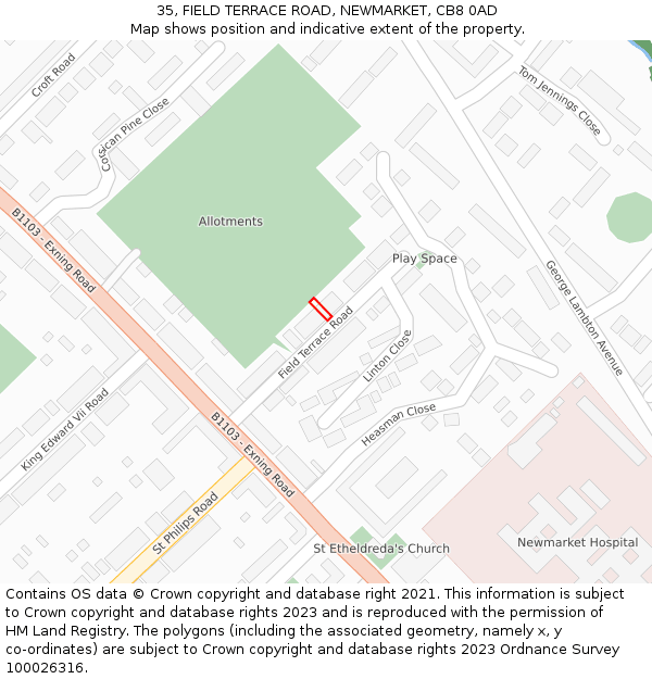 35, FIELD TERRACE ROAD, NEWMARKET, CB8 0AD: Location map and indicative extent of plot