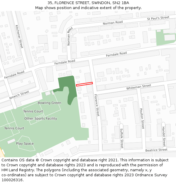 35, FLORENCE STREET, SWINDON, SN2 1BA: Location map and indicative extent of plot
