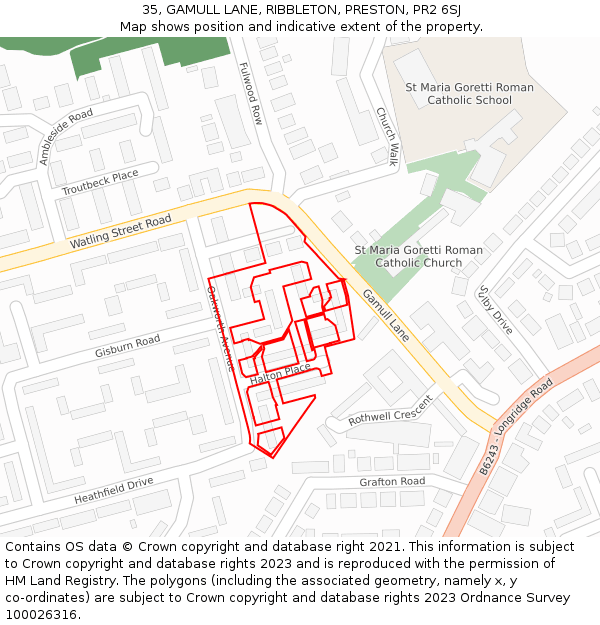 35, GAMULL LANE, RIBBLETON, PRESTON, PR2 6SJ: Location map and indicative extent of plot