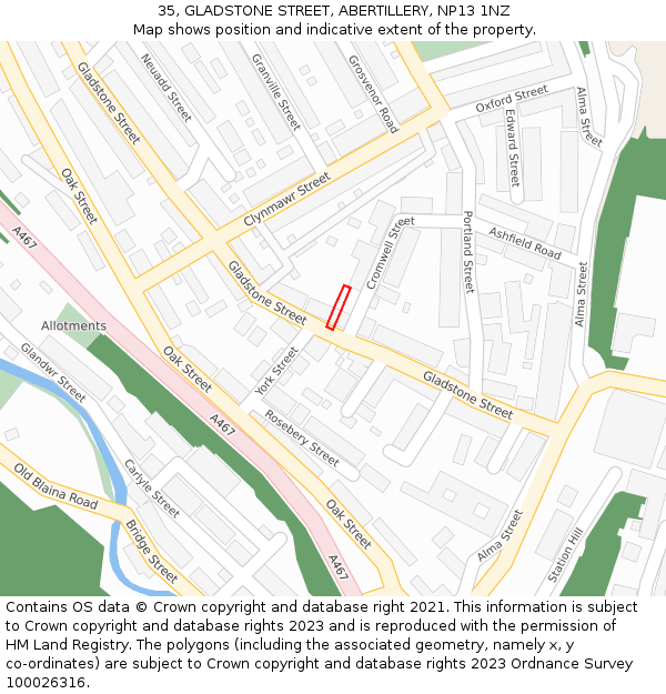 35, GLADSTONE STREET, ABERTILLERY, NP13 1NZ: Location map and indicative extent of plot
