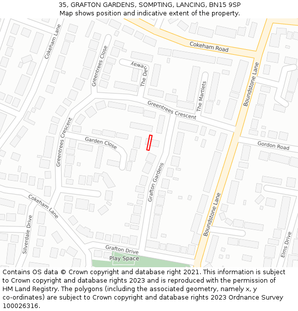 35, GRAFTON GARDENS, SOMPTING, LANCING, BN15 9SP: Location map and indicative extent of plot