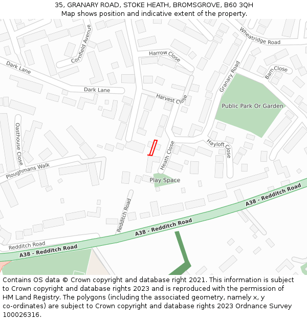 35, GRANARY ROAD, STOKE HEATH, BROMSGROVE, B60 3QH: Location map and indicative extent of plot