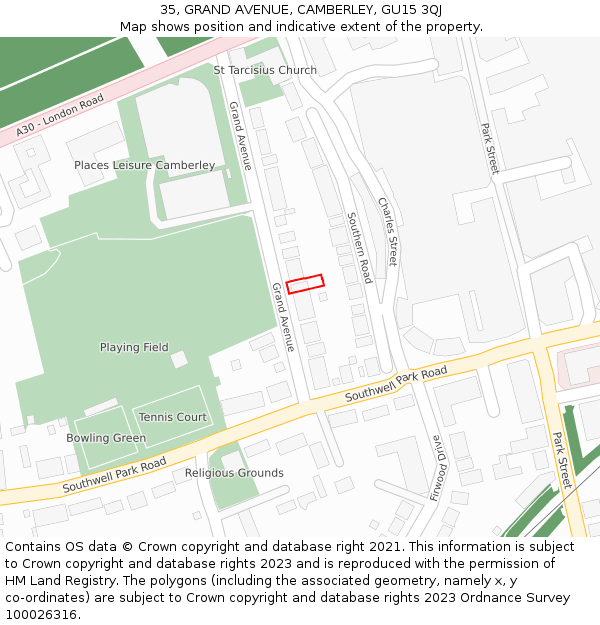 35, GRAND AVENUE, CAMBERLEY, GU15 3QJ: Location map and indicative extent of plot