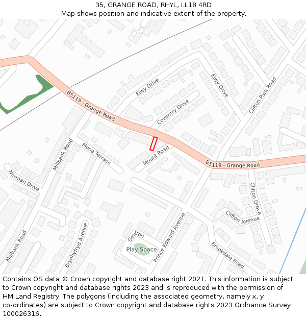35, GRANGE ROAD, RHYL, LL18 4RD: Location map and indicative extent of plot