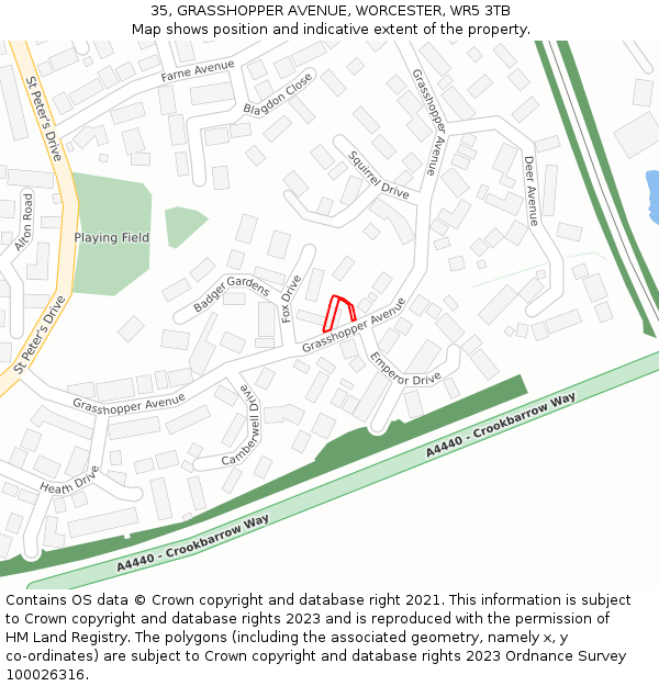 35, GRASSHOPPER AVENUE, WORCESTER, WR5 3TB: Location map and indicative extent of plot