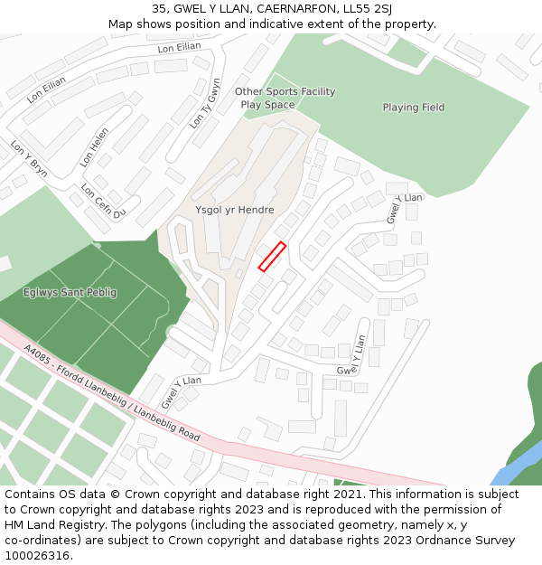 35, GWEL Y LLAN, CAERNARFON, LL55 2SJ: Location map and indicative extent of plot