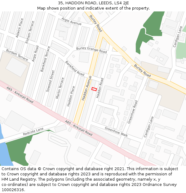 35, HADDON ROAD, LEEDS, LS4 2JE: Location map and indicative extent of plot