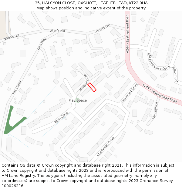 35, HALCYON CLOSE, OXSHOTT, LEATHERHEAD, KT22 0HA: Location map and indicative extent of plot