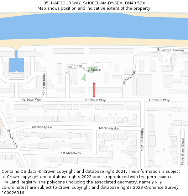 35, HARBOUR WAY, SHOREHAM-BY-SEA, BN43 5BX: Location map and indicative extent of plot