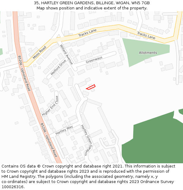 35, HARTLEY GREEN GARDENS, BILLINGE, WIGAN, WN5 7GB: Location map and indicative extent of plot